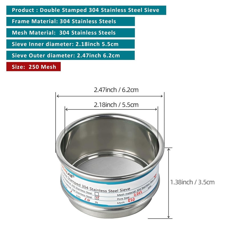 LVDALAB Full 304 Stainless Steel Mesh Sieve Screen, 250 Mesh (0.061mm) Aperture, 2.4inch(6CM) Dia Standard Sample Analysis Test Sieves Sifters Strainer for Industrial Laboratory Homes - Image 2